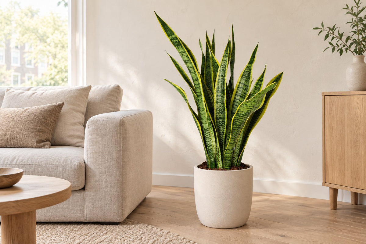 Svärmorstunga, 90 cm, i a white ceramic planter i ett ljust vardagsrum
