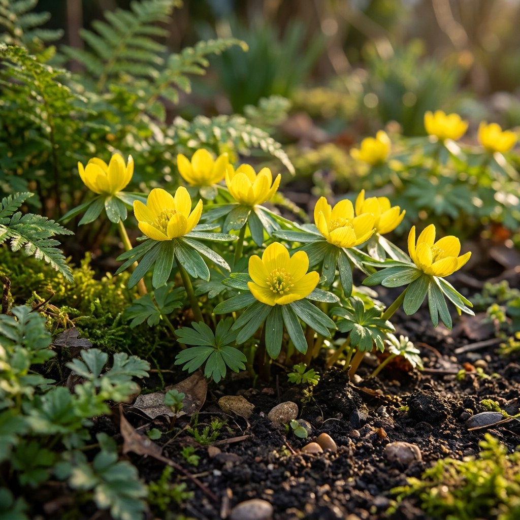 Winterakoniet Cilicica in bloei in de tuin