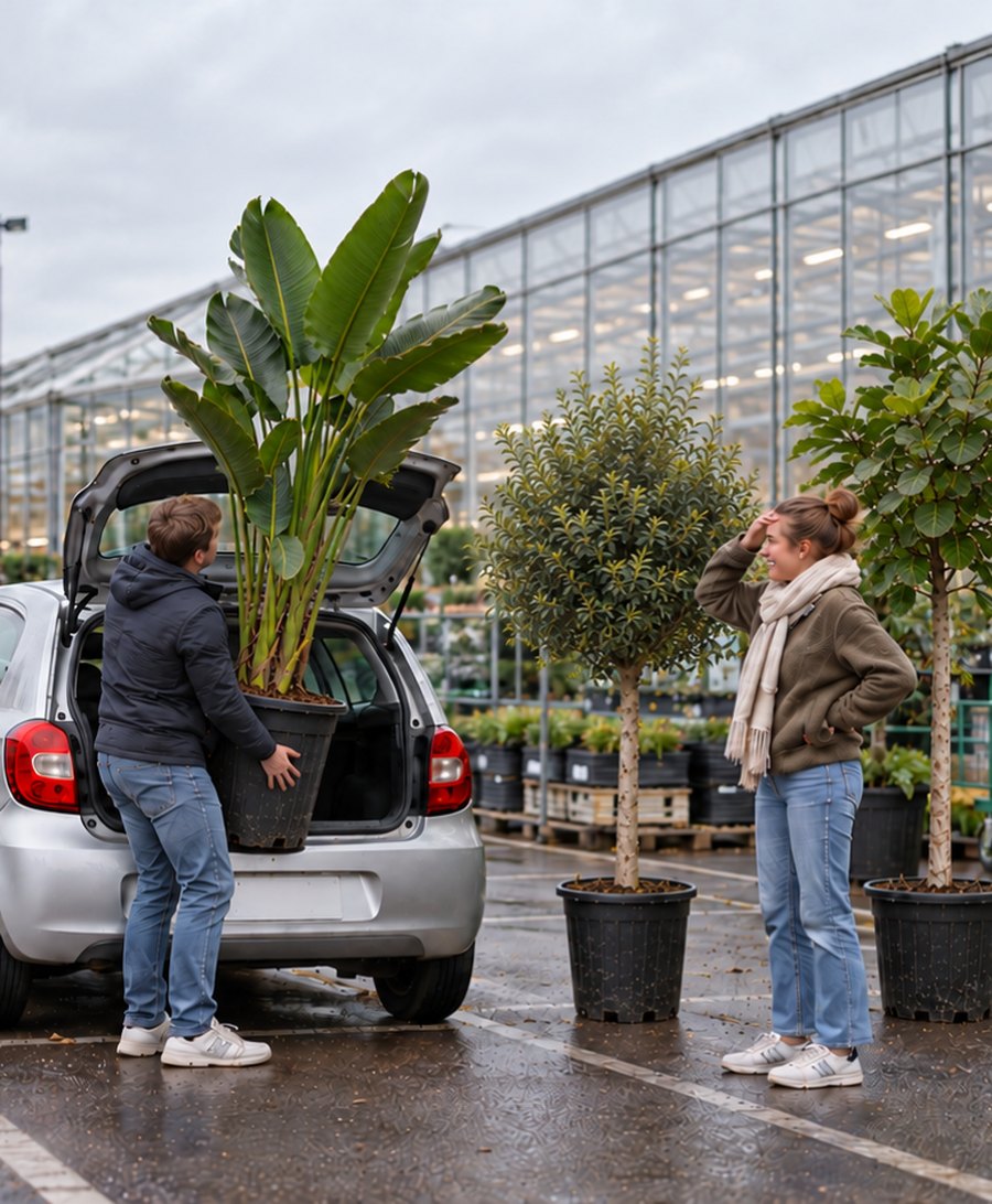 Een man probeert een grote Strelitzia in de kofferbak van een kleine auto te tillen