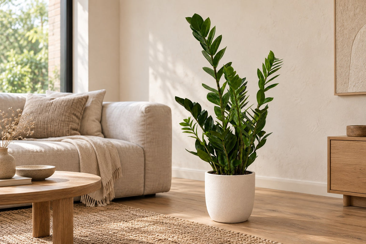 Planta ZZ, 70 cm, en a white ceramic planter en un salón luminoso